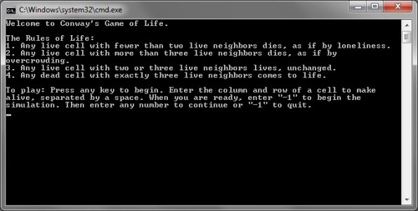 Conway's Game of Life welcome screen